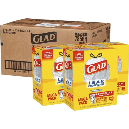 GLAD 13 gal Trash Bags, 9 mil (229 Micron), White, 3 PK CLO78564CT